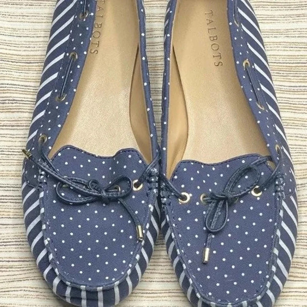 Talbots Moccasins Stripe Dots Walking  Casual Slip-Ons Blue/White US Size 9.5